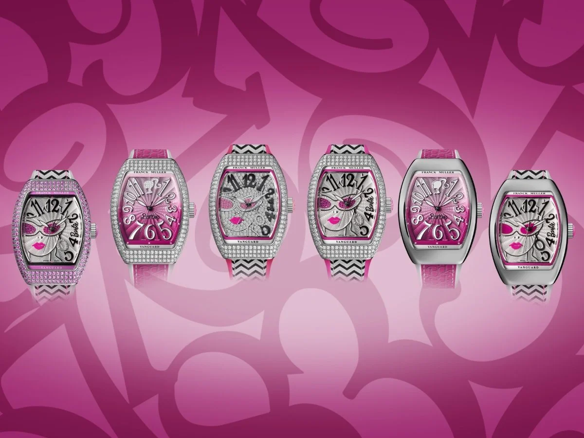 Six Franck Muller Vanguard Barbie watches against a pink Barbie background