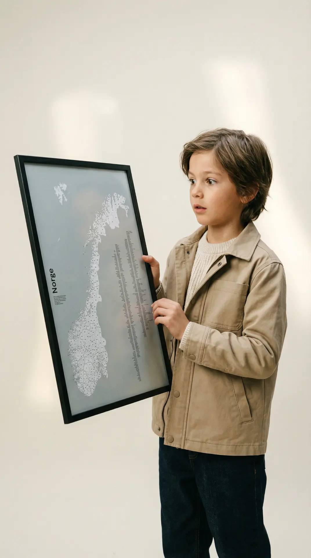 A child holding a framed Skrapekartet Norge scratch map